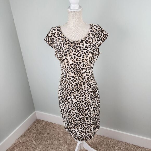 Sharagano Sheath Capped Sleeve Animal Print Bodycon Midi Dress Size 8 - Picture 1 of 7